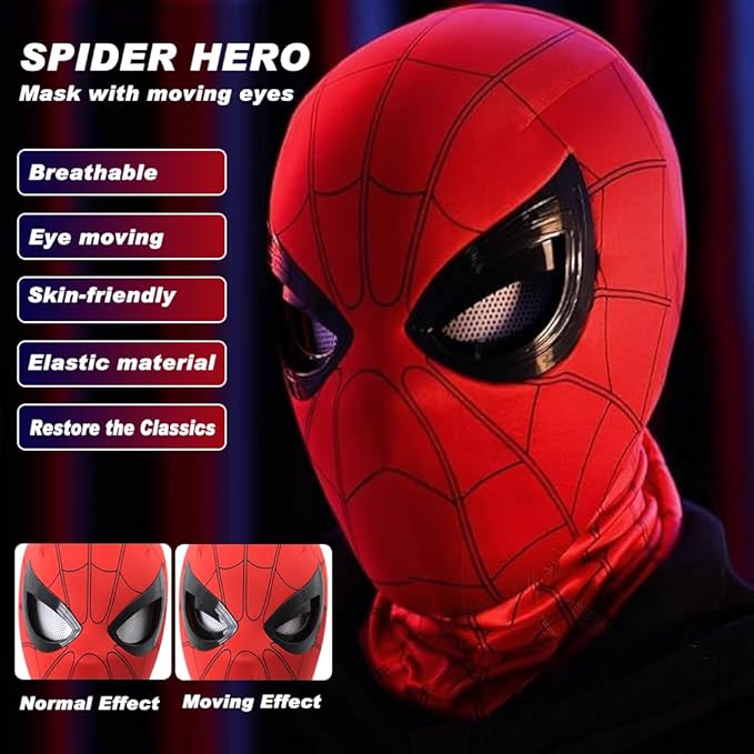3D Spide Mask with Moving Eyes, Jaw Motion Activated Blinking Eyelid Spide Head Cover, Cosplay Costumes Mask for Adult Kids Halloween Masquerade Cosplay